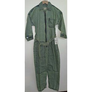 Etica Denim Jumpsuit Women Size XS Sage Green Zeta Carpenter 3/4 Sleeve Cotton
